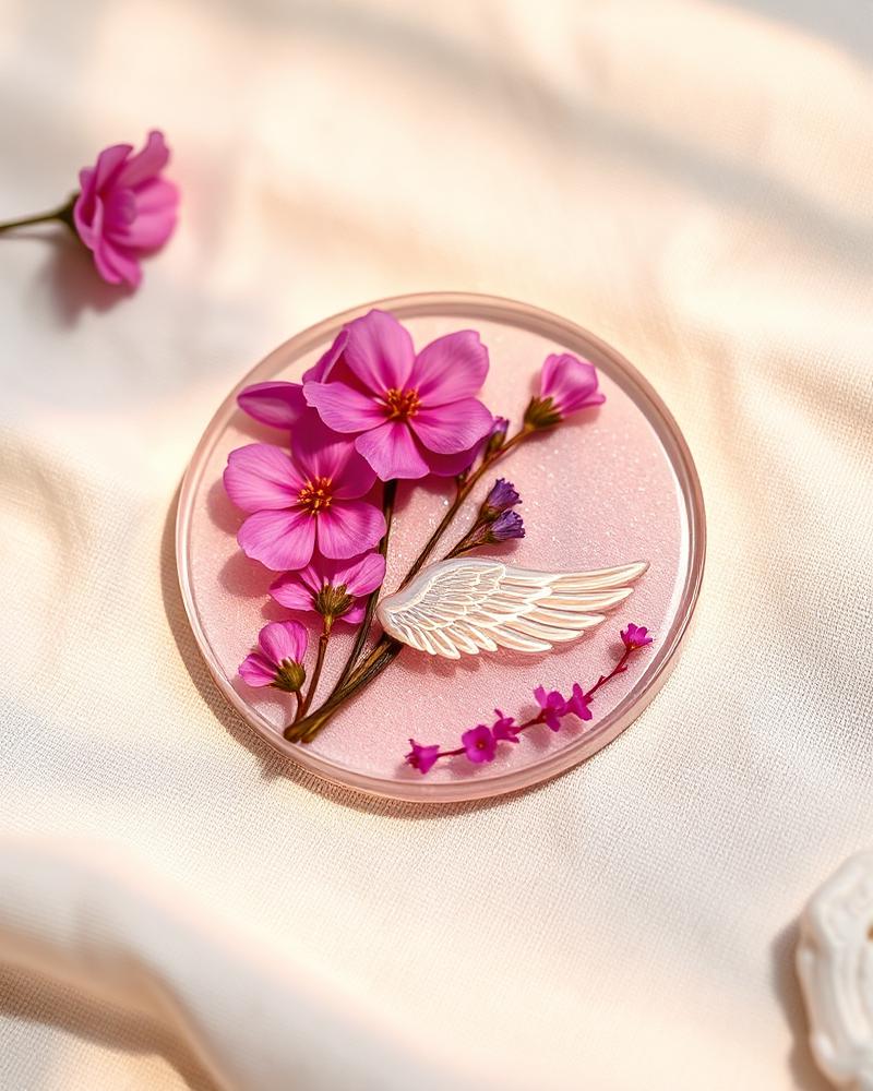 A pink resin memorial keepsake plaque with pressed flowers and an angel wing motif