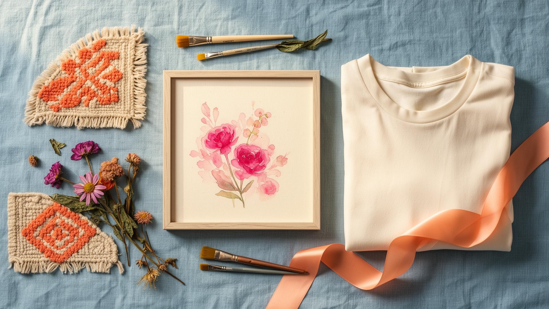 A flat-lay of Creative Age work: a small framed watercolor floral painting, a folded cream custom t-shirt, woven rug corners, pressed flowers and a peach satin ribbon on sky blue linen.